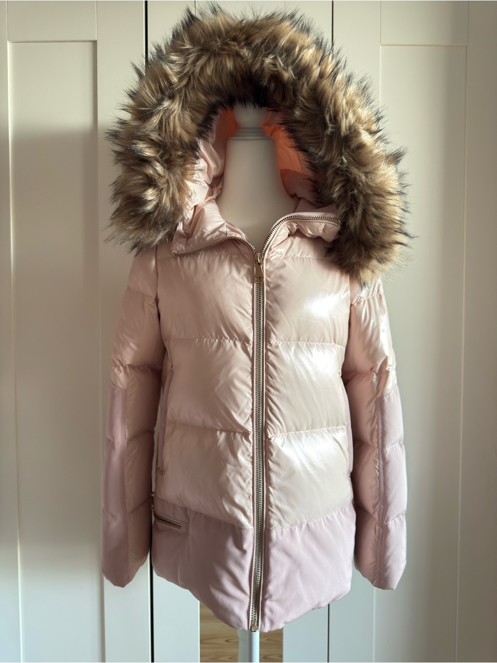 Vince Camuto Light Pink Puffer Jacket with Faux Fur Hood